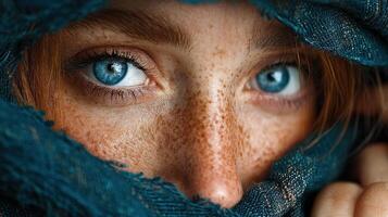 Beautiful close-up of a young woman with striking blue eyes and red hair wrapped in a dark scarf, showcasing her freckles and capturing soft light photo