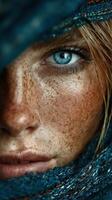 Close-up of a woman with striking blue eyes and freckles, revealing her emotions amidst a textured background photo