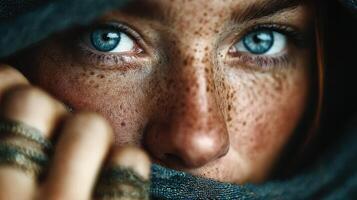 Close-up of a person with striking blue eyes and freckles wearing a dark scarf in a soft light setting photo