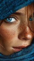 Close-up of a young person with striking blue eyes and freckles wrapped in a textured blue fabric on a sunny day photo