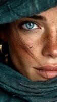 Close-up of a woman with striking blue eyes and freckles wrapped in a warm scarf on a chilly day outdoors photo