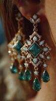Elegantly designed earrings featuring intricate patterns and shimmering jewels showcased in close-up during a bright daylight setting photo