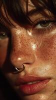 Close-up of a person with freckles and a nose ring capturing natural beauty in soft light photo