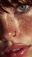 Close-up of young person with freckles and nose ring under natural light showcasing intense eye color photo