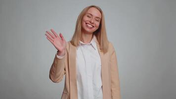 Woman showing inviting gesture with hands, ask to join, beckoning to coming, gesturing hello goodbye video