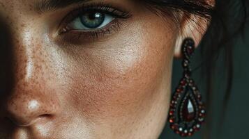 Close-up of a woman's face highlighting piercing blue eyes and elegant jewelry in soft lighting photo