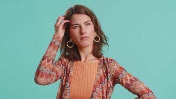 Woman feeling embarrassed about ambiguous question, having doubts, no idea, being clueless uncertain video