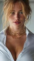 Woman with long hair wearing a blouse and layered necklaces in a sunlit indoor setting during the morning photo