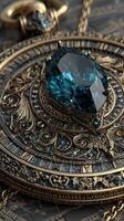Intricate antique pocket watch with a blue gemstone centerpiece displayed on a decorative surface at twilight photo
