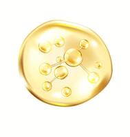 Golden collagen molecules float inside bubble realistic illustration. Structure of skincare element 3d object on white background vector