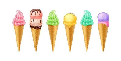 Illustration of six ice cream cones with colorful scoops in pink, chocolate, green, yellow, and purple. Each cone features unique textures and toppings. Perfect for summer themes, dessert promotions. vector