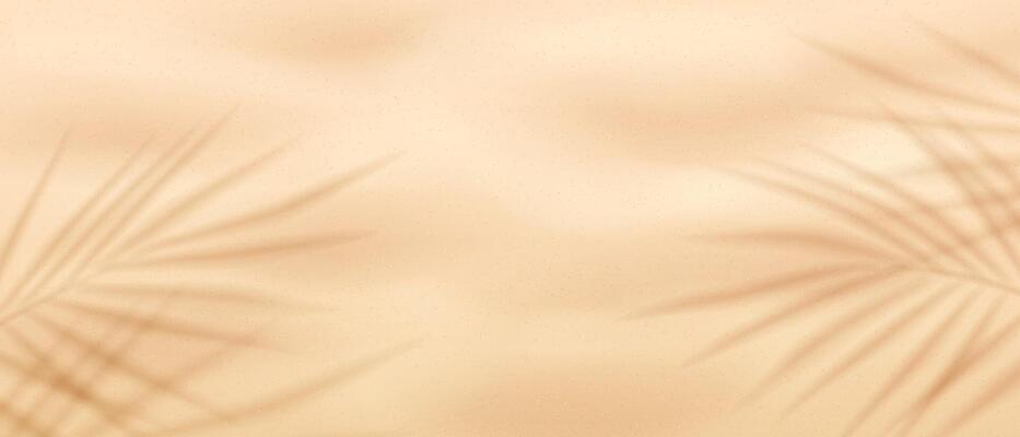 Sandy background, top view. Abstract background with palm leaf shadows creating a soft pattern on a beige backdrop. Warm sandy tones evoke a tropical feel. Ideal for summer themes.