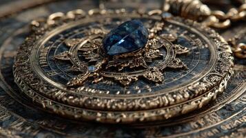 Intricate antique compass with blue gem on decorative map background showcasing craftsmanship and history photo