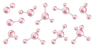 Microscopic pink collagen molecules realistic color icons set. Chemical bonds of protein structures 3d objects bundle on white background vector