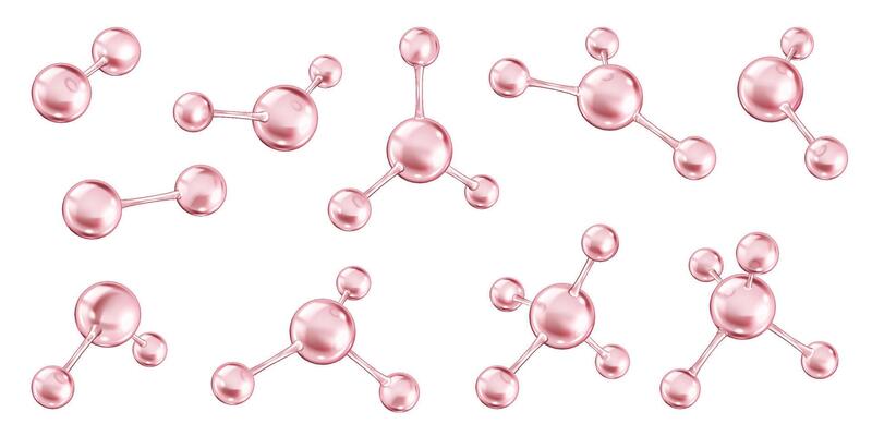 Microscopic pink collagen molecules realistic color icons set. Chemical bonds of protein structures 3d objects bundle on white background