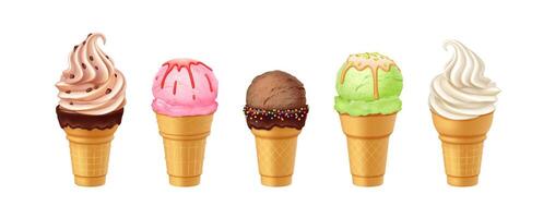Illustration showcases five ice cream cones each with different flavors and toppings. Swirled vanilla, chocolate with sprinkles, pink scoop with drizzle, mint with glaze, and chocolate chip cone vector