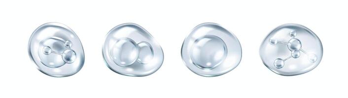 Collagen molecules bouncing inside bubbles realistic color icons set. Skincare beauty and cosmetic science 3d objects bundle on white vector