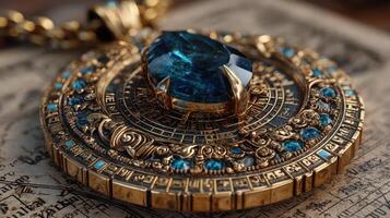 Intricate golden pendant with a large blue gemstone set on antique parchment photo