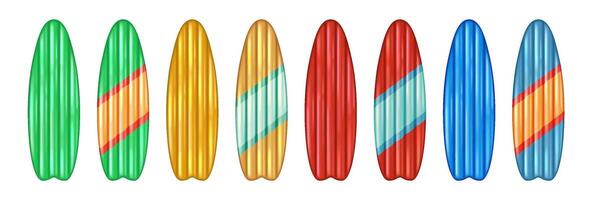 Illustration of six surfboards in vibrant colors and patterns on white background. Each board features unique stripes and shades, showcasing a blend of creativity and summer vibe, beachthemed designs vector