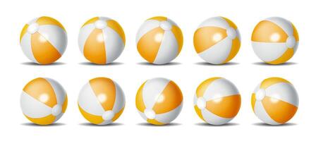 Collection of vibrant beach balls with yellow and white segments arranged neatly on seamless white background perfect for summer themes and recreational concepts vector