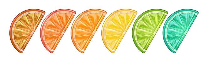 Illustration of vibrant citrus slices in colorful gradient hues representing orange lemon lime against white background ideal for food or drink concepts. vector