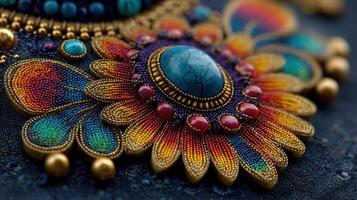 Intricate handmade jewelry design featuring vibrant colors and detailed patterns in vibrant hues photo