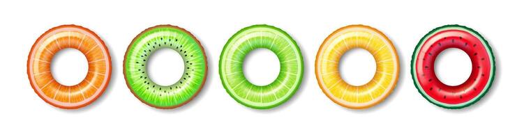 Set of colorful inflatable pool rings designed as various fruits including orange, kiwi, lime, lemon, and watermelon. Vibrant and playful, ideal for summer pool parties and beach activities. vector