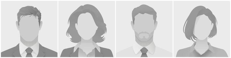 Collection of avatar defoult photo placeholder grayscale anonymous silhouette illustrations displaying individuals in professional business attire. Used for profiles or presentations. vector