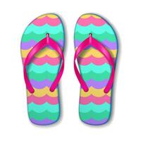 Flip flops with bright wave pattern radiate summer vibes. Bold pink straps add contrast to the colorful waves on blue, pink, yellow, and green. Perfect for beach fun. vector