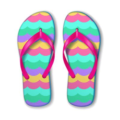 Flip flops with bright wave pattern radiate summer vibes. Bold pink straps add contrast to the colorful waves on blue, pink, yellow, and green. Perfect for beach fun.