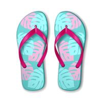 Vibrant flip flops in aqua and pink feature tropical leaf patterns. Fun and stylish, ideal for summer and beach activities. Captures a relaxed, tropical vibe. vector