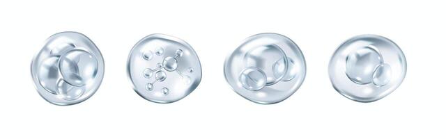 Collagen molecules inside silver bubbles realistic color icons set. Effectiveness of skincare products 3d objects bundle on white vector