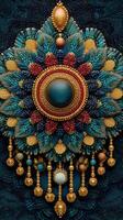 Intricate handmade jewelry showcasing vibrant colors and detailed craftsmanship against a textured dark background photo