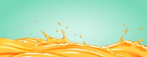 Dynamic illustration of orange liquid splashing on turquoise background. Bright colors and fluid motion create a refreshing and energetic feel. Perfect for beverage ads. vector