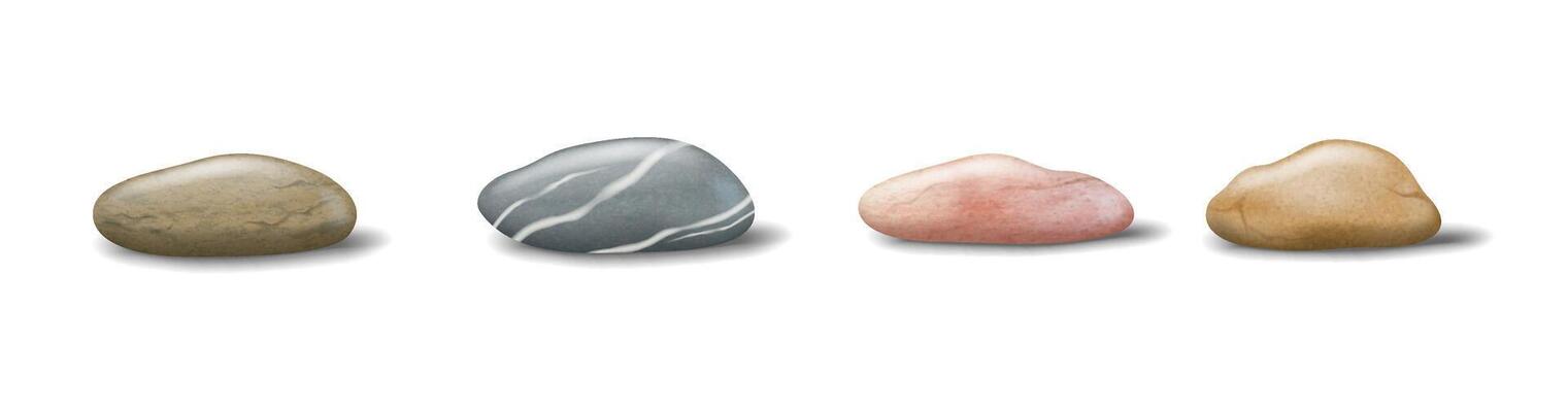 Realistic illustration of four smooth stones with diverse textures and colors. Perfect for naturerelated designs and educational materials.