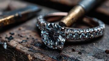 Sparkling diamond ring resting on a wooden workbench surrounded by crafting tools in a well-lit workshop photo