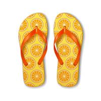 Vibrant flip flops featuring an orange slice design. Bright and cheerful, perfect for summer vibes. Ideal for beach outings or casual wear. Set on white background. vector