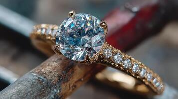 Elegant diamond engagement ring showcasing craftsmanship and brilliance in a jeweler's workshop setting photo