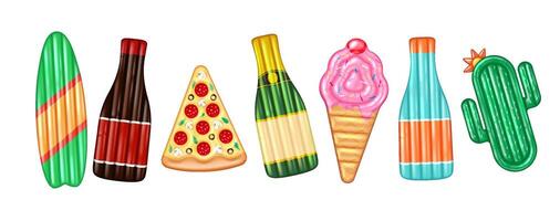 Illustration of vibrant pool floats in various fun shapes including pizza, ice cream and cactus, against clean white background, representing playful summer vibe vector