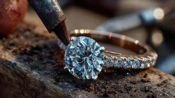 Expert jeweler crafting an exquisite diamond ring in a workshop with tools and materials surrounding the workspace photo