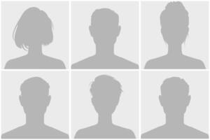 Set of six grayscale silhouette avatar defoult photo placeholder displayed in a grid. Each image shows a different hairstyle and gender from a front angle. Anonymous profiles on social media. vector