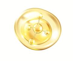 Golden collagen molecule inside drop of serum realistic illustration. Components for skincare products 3d object on white background vector