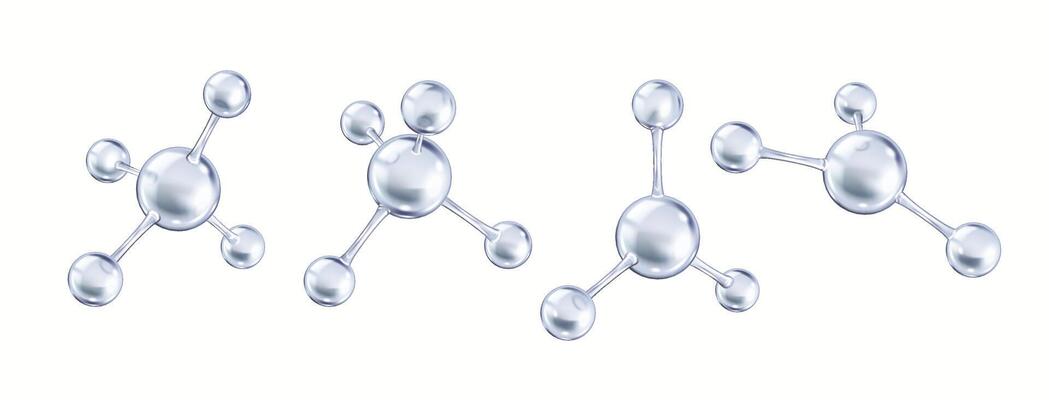 Silver collagen molecules complex structure realistic color icons set. Protein building blocks for skin health 3d objects bundle on white