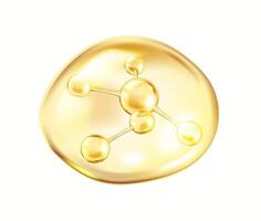 Collagen molecule in golden capsule realistic illustration. Molecular structure consists of connected spheres 3d object on white background vector