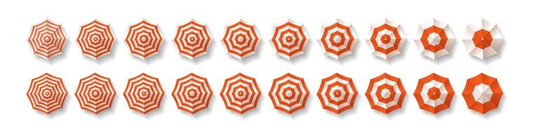 Illustration showing different angular views of red and white beach umbrellas arranged in rows perfect for summerthemed designs. Highangle presentation set against a clean background. vector