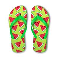 Bright flip flops with a vibrant watermelon pattern. Perfect for summer beach outings. They feature green straps and a lively fruitinspired design on light green background. vector