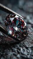 Stunning cut diamond resting on textured surface with reflections and brilliance captured in detail photo