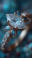 Elegant gemstone ring with intricate design showcasing sparkling blue stones against a blurred background photo