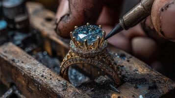 Crafting a beautiful gold ring with a blue stone and intricate detailing in a workshop photo