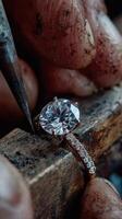 Jeweler crafting a diamond ring with intricate details in a workshop photo